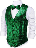 Mens Sequins Vest V-neck Waistcoat with Bowtie Set - Shiny Party Ready