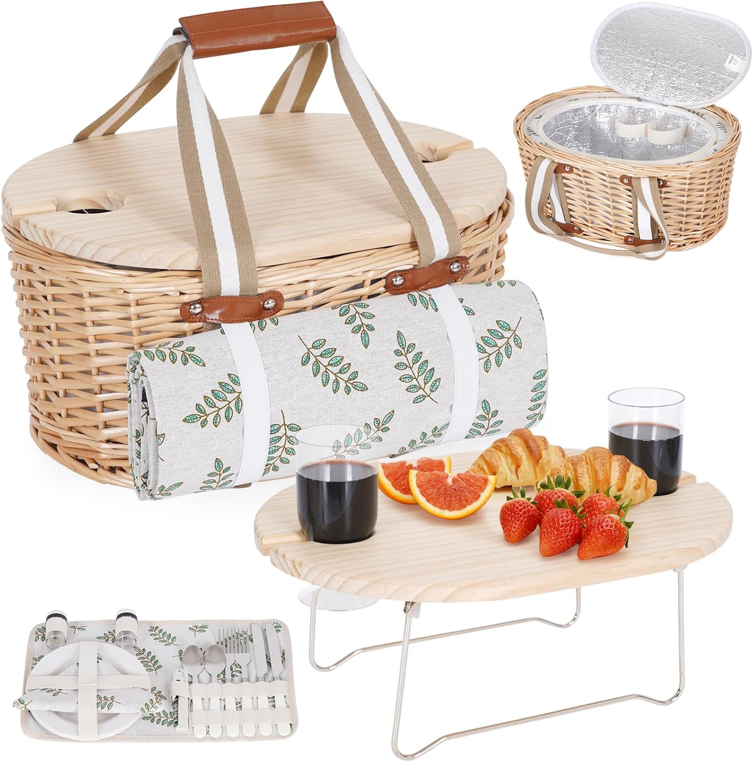 Picnic Basket Set for 2 - Wicker Insulated Outdoor Dining Kit