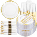 Clear and Gold Plastic Plates 350pcs Disposable Dinnerware Set