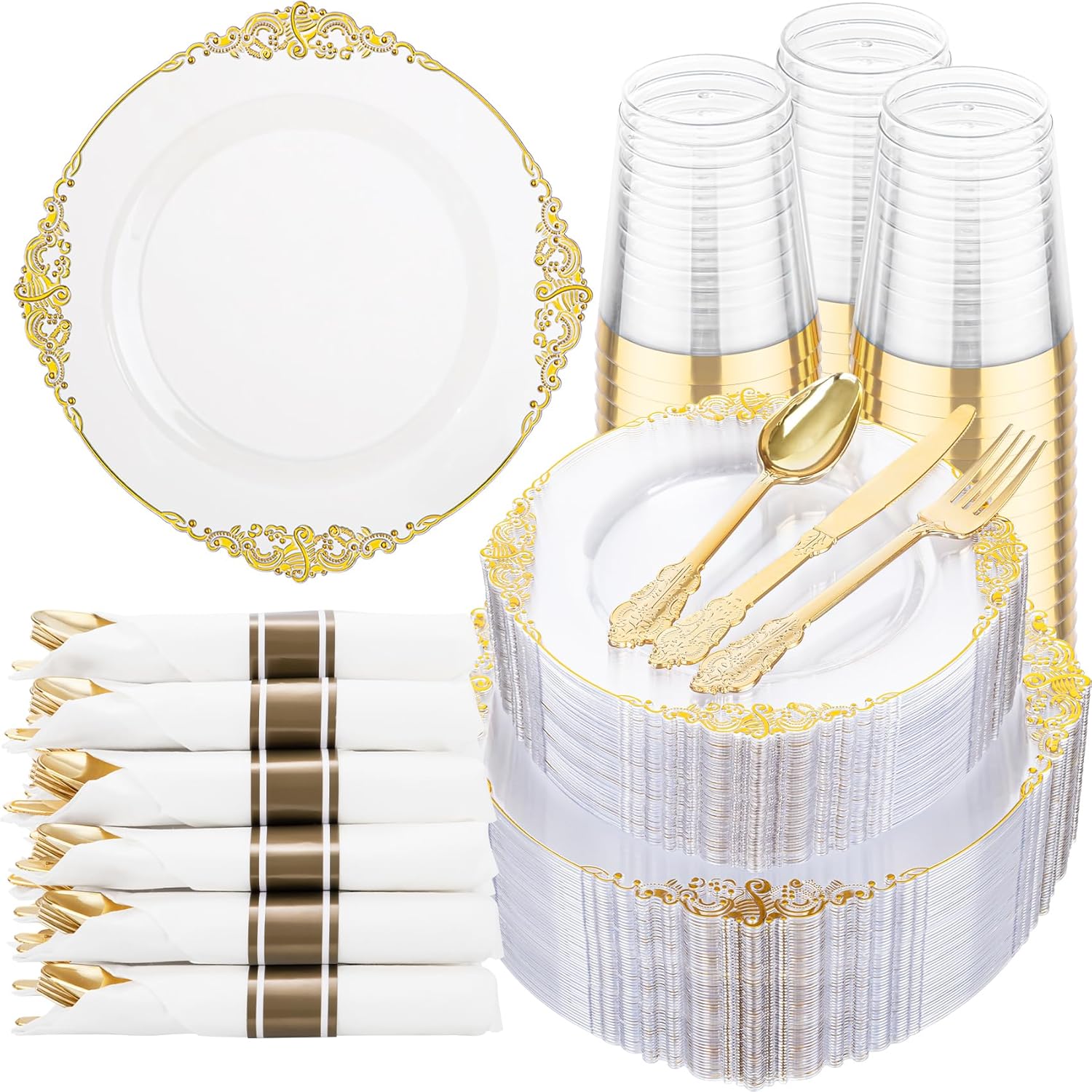 Elegant 350pcs Clear and Gold Plastic Plates for 50 Guests