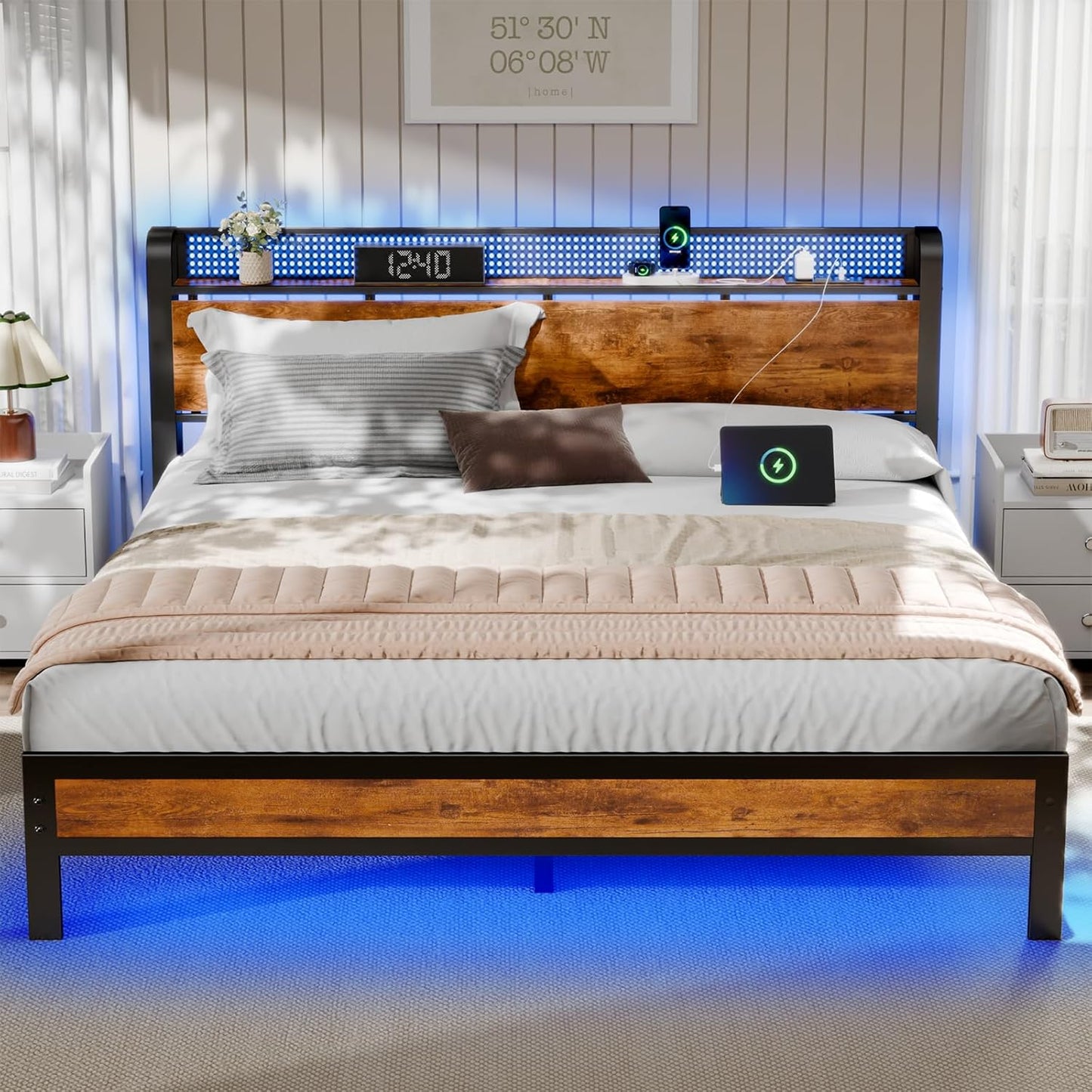 Furnulem Queen Bed Frame with Charging Station and LED Lights