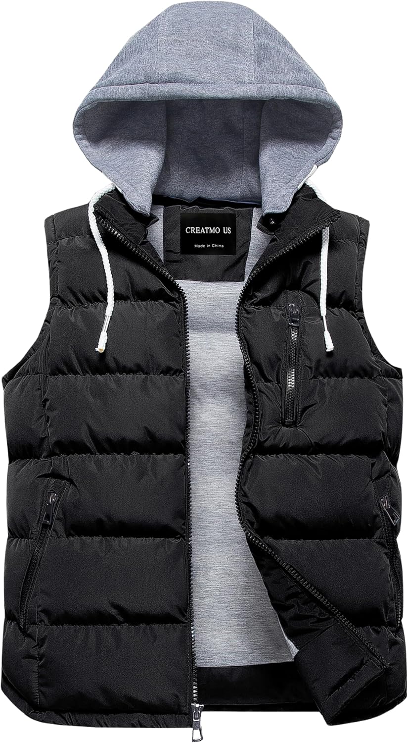 CREATMO US Men's Outdoor Winter Vest with Removable Hood
