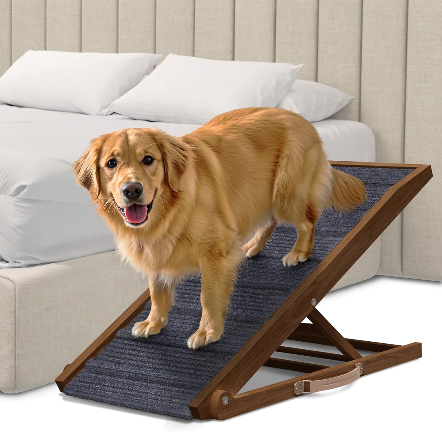 Adjustable Dog Ramp for Bed - Foldable Wooden Ramp for Pets
