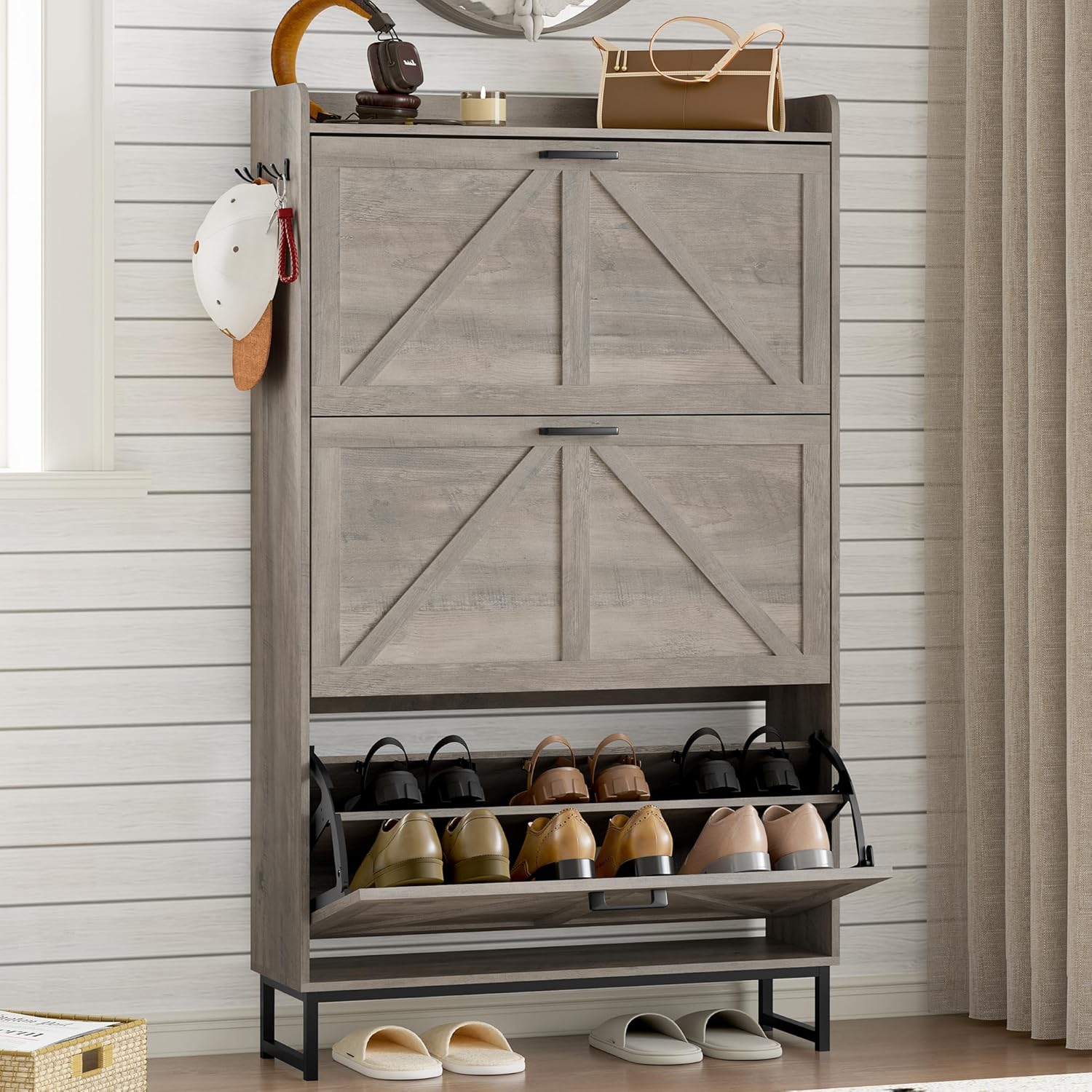 Narrow Shoe Storage Cabinet with 3 Flip Drawers for Entryway