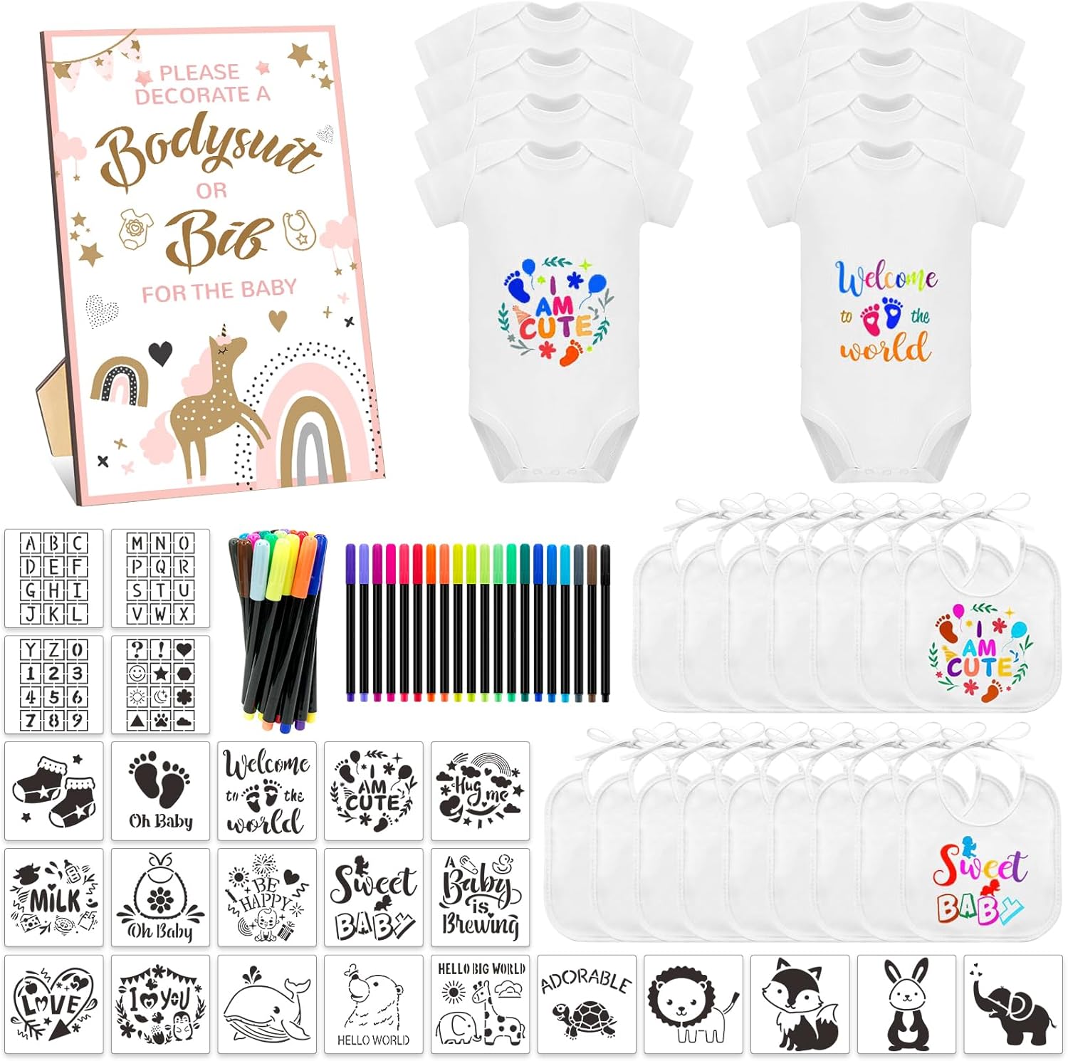 69 Pcs Baby Bib Bodysuit Set for Fun Baby Shower Activities