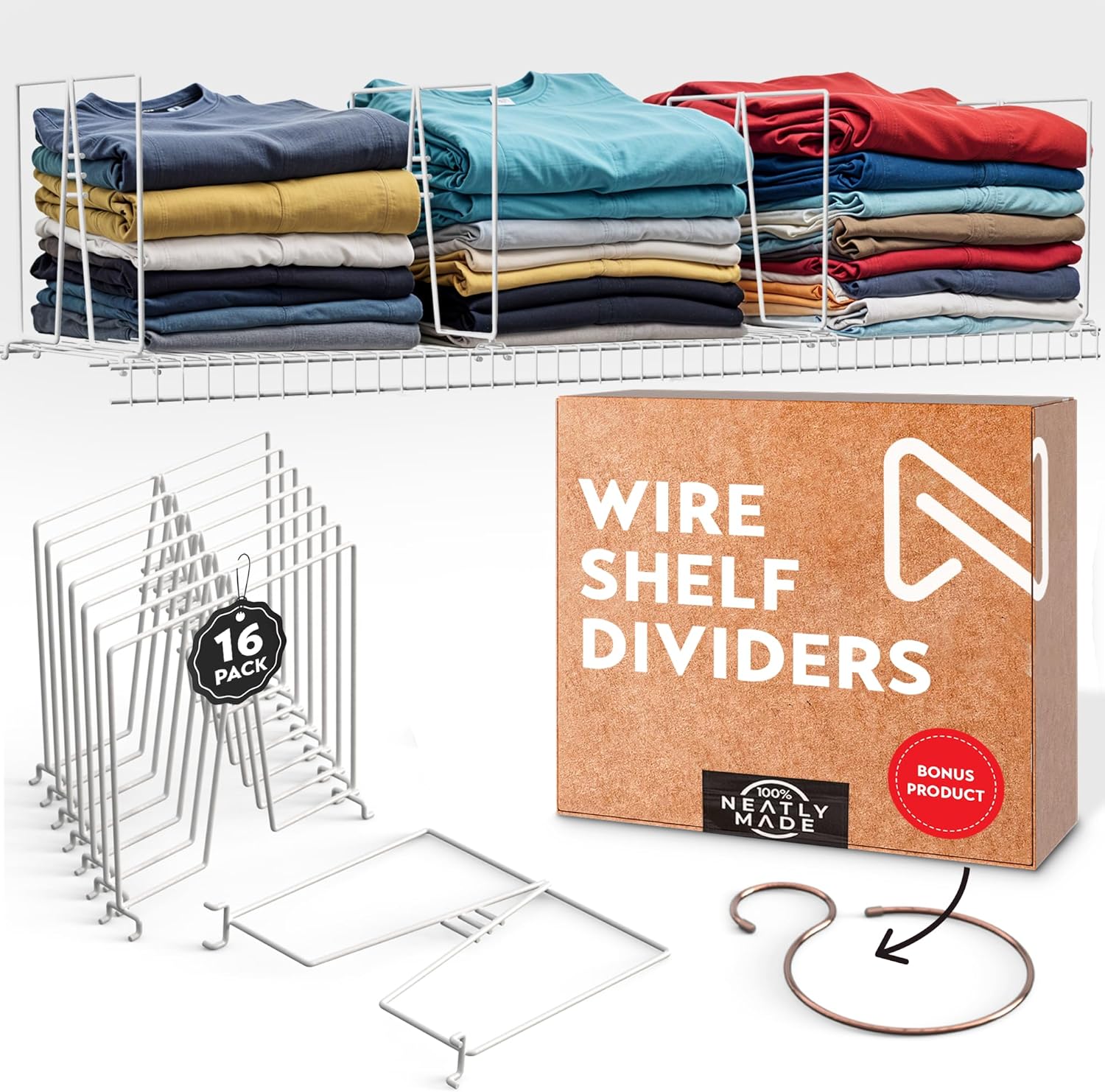 Tall White Wire Shelf Dividers for Closet Organization - 16-Pack