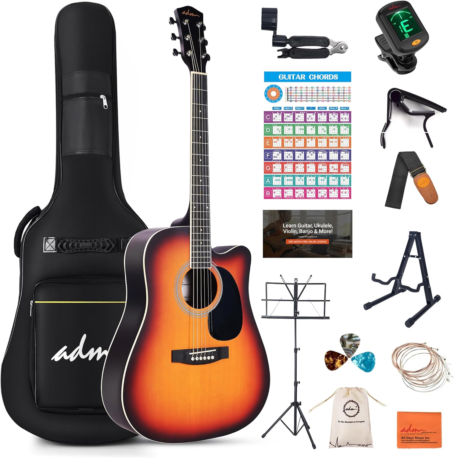 ADM Cutaway Acoustic Guitar Kit for Beginners with Accessories