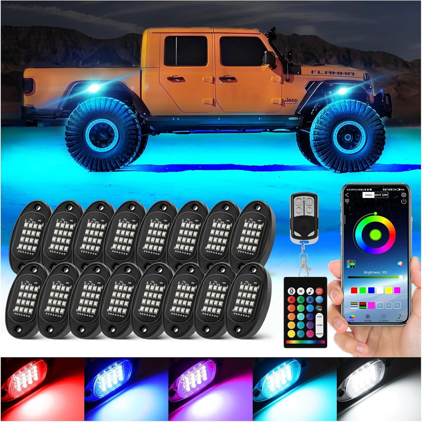 16 Pods RGB LED Rock Lights for Trucks and Offroad Vehicles