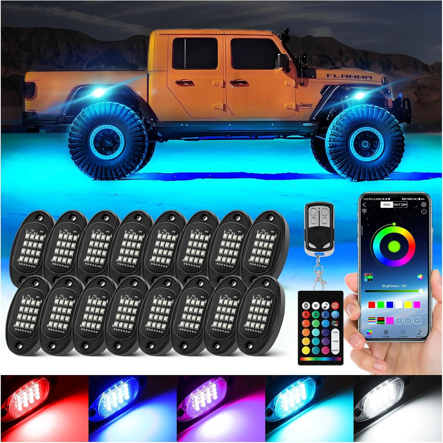 16 Pods RGB LED Rock Lights for Trucks and Offroad Vehicles