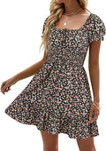 Heysolo Boho Floral Smocked Square Neck Summer Mini Dress - Flattering