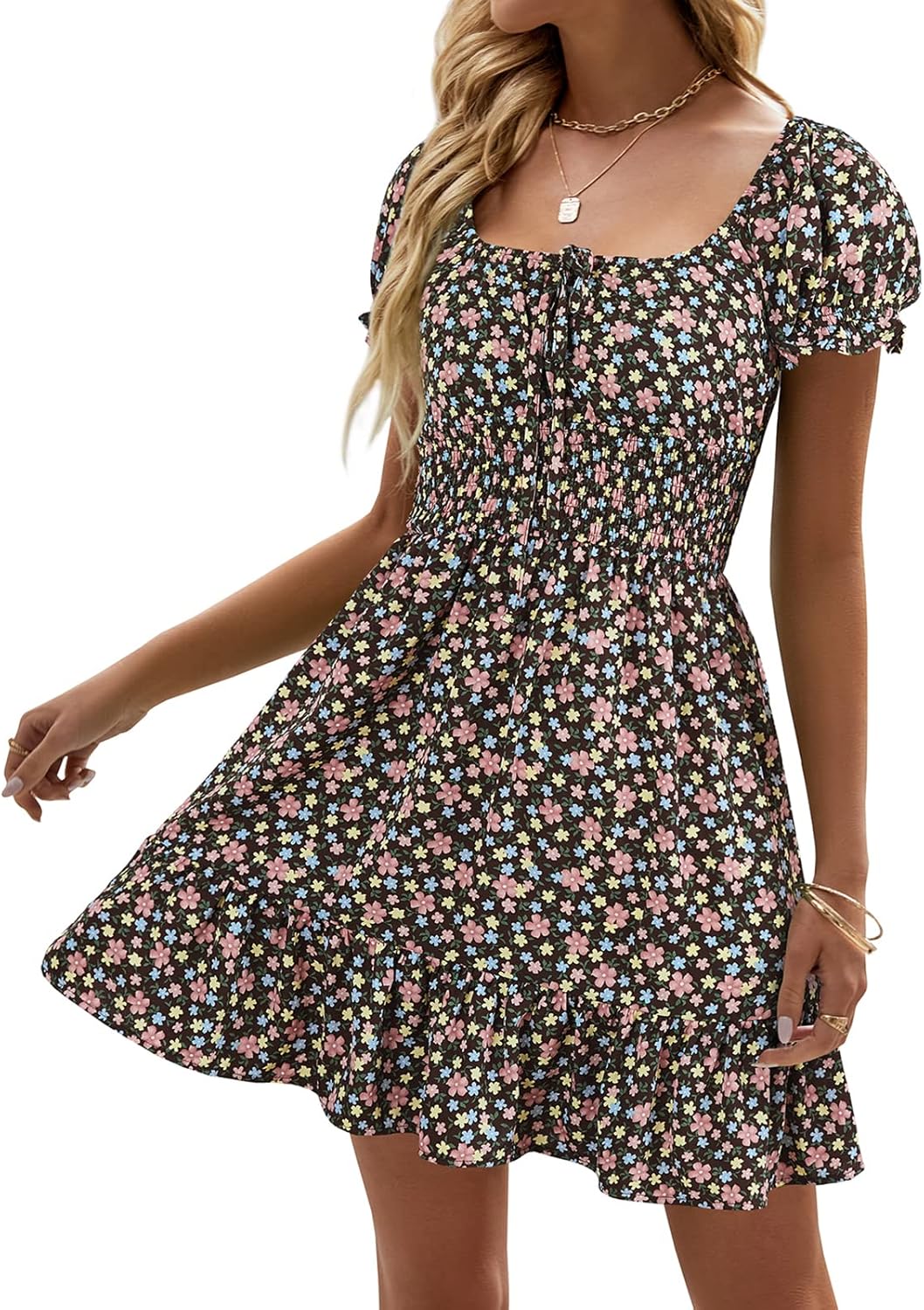 Boho Floral Smocked Square Neck Short Sleeve Mini Dress