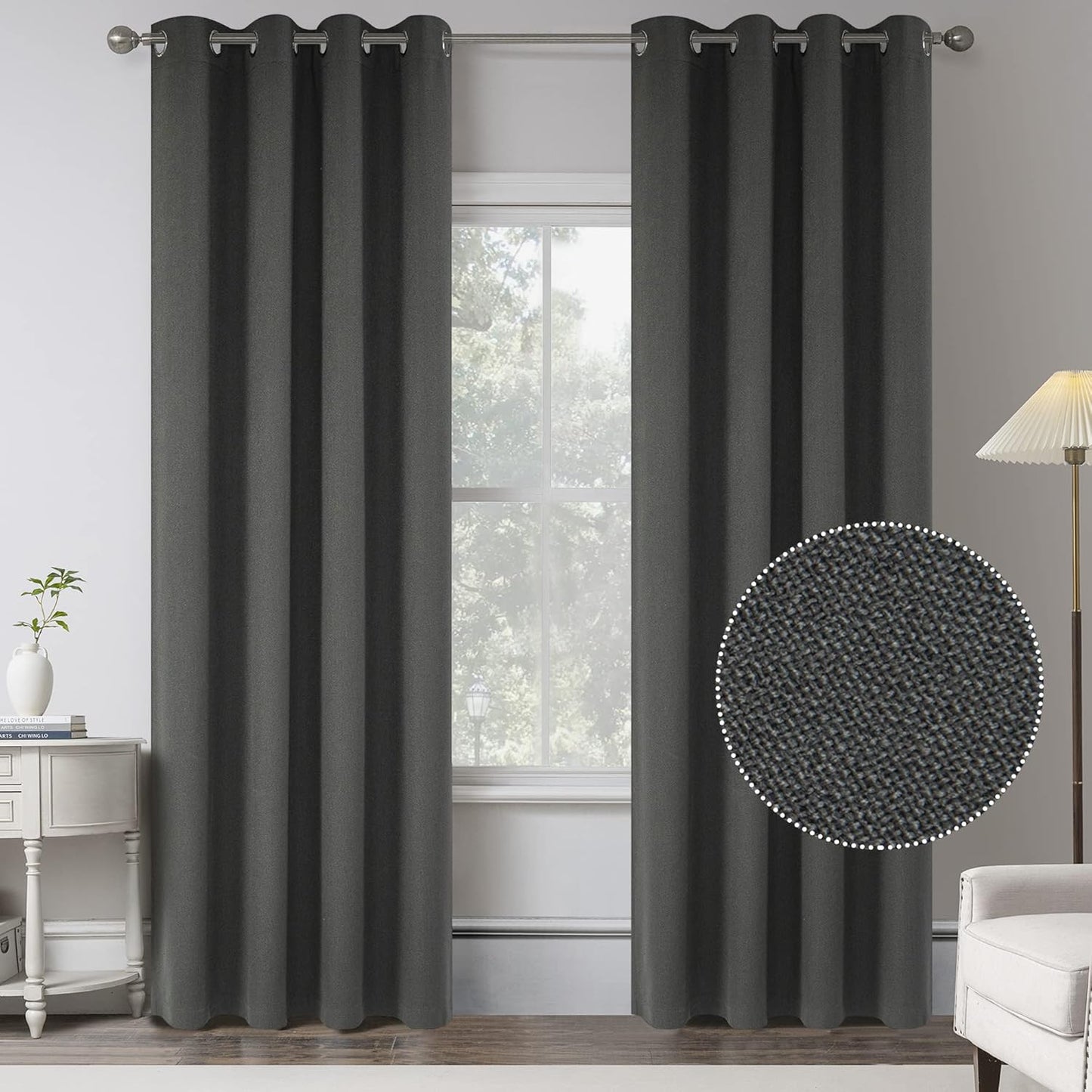 Retro Charcoal Grey Linen Blackout Curtains for Bedroom Decor
