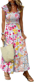 Womens Sleeveless Maxi Dress Square Neck Smocked - Flowy Boho