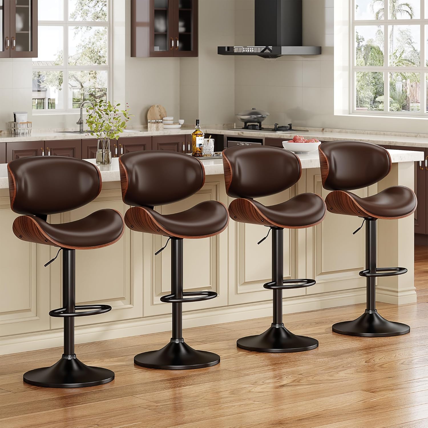 Modern PU Leather Swivel Adjustable Bar Stools Set of 4