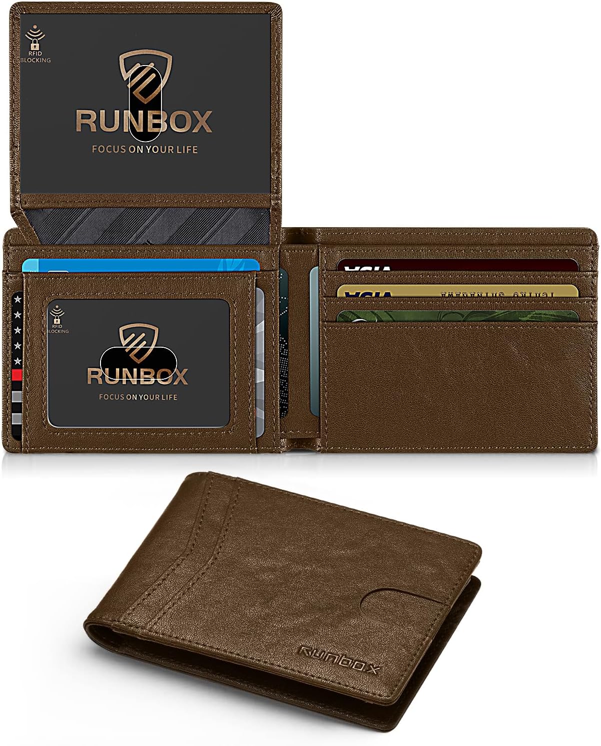 RUNBOX Wallet for Men Slim RFID Leather with 2 ID Windows