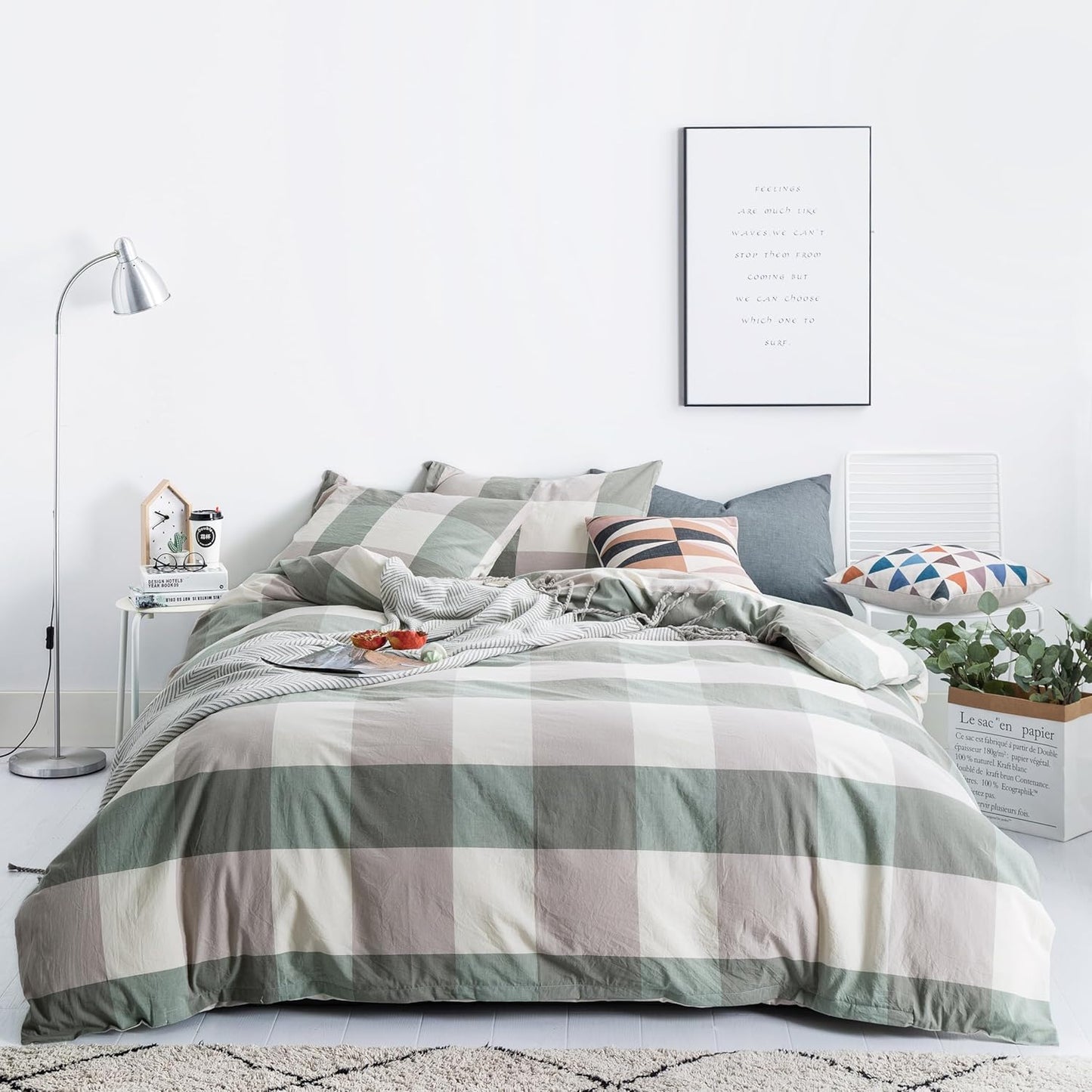 SUSYBAO Green Plaid Duvet Cover Set for Queen Size Bedding