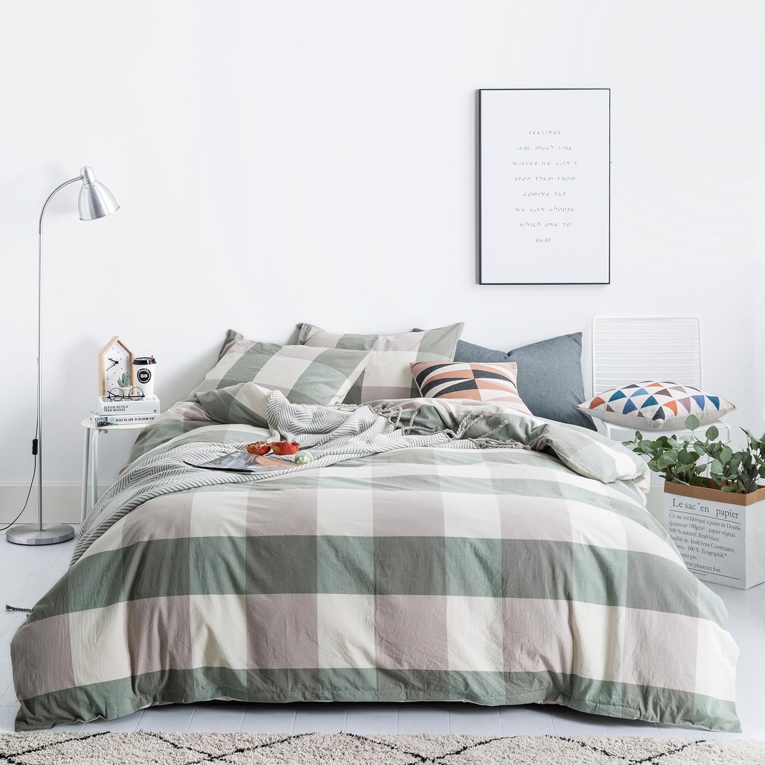 SUSYBAO Green Plaid Duvet Cover Set for Queen Size Bedding