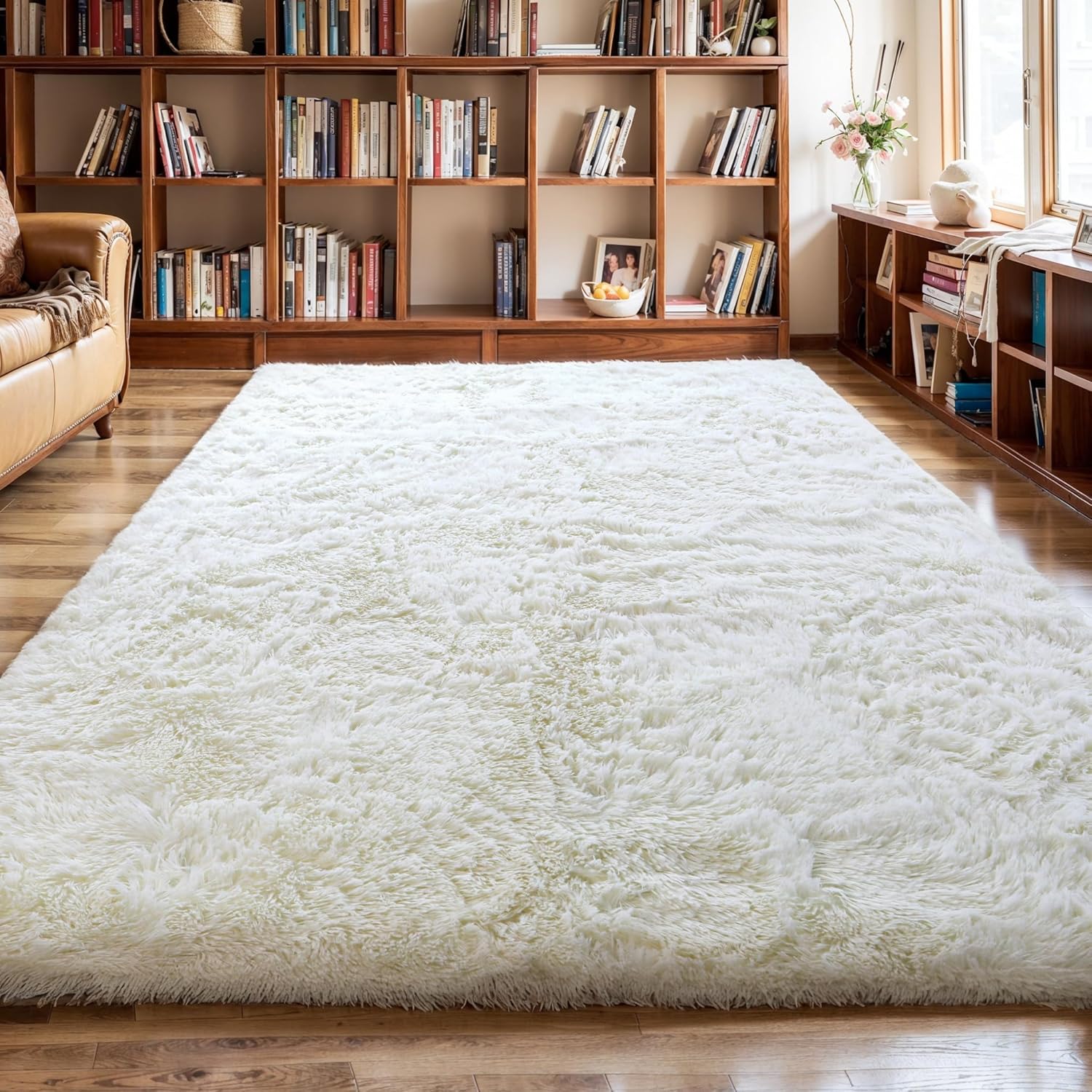 Thick Area Rug 6x9 Cream White Fluffy Shag for Cozy Spaces