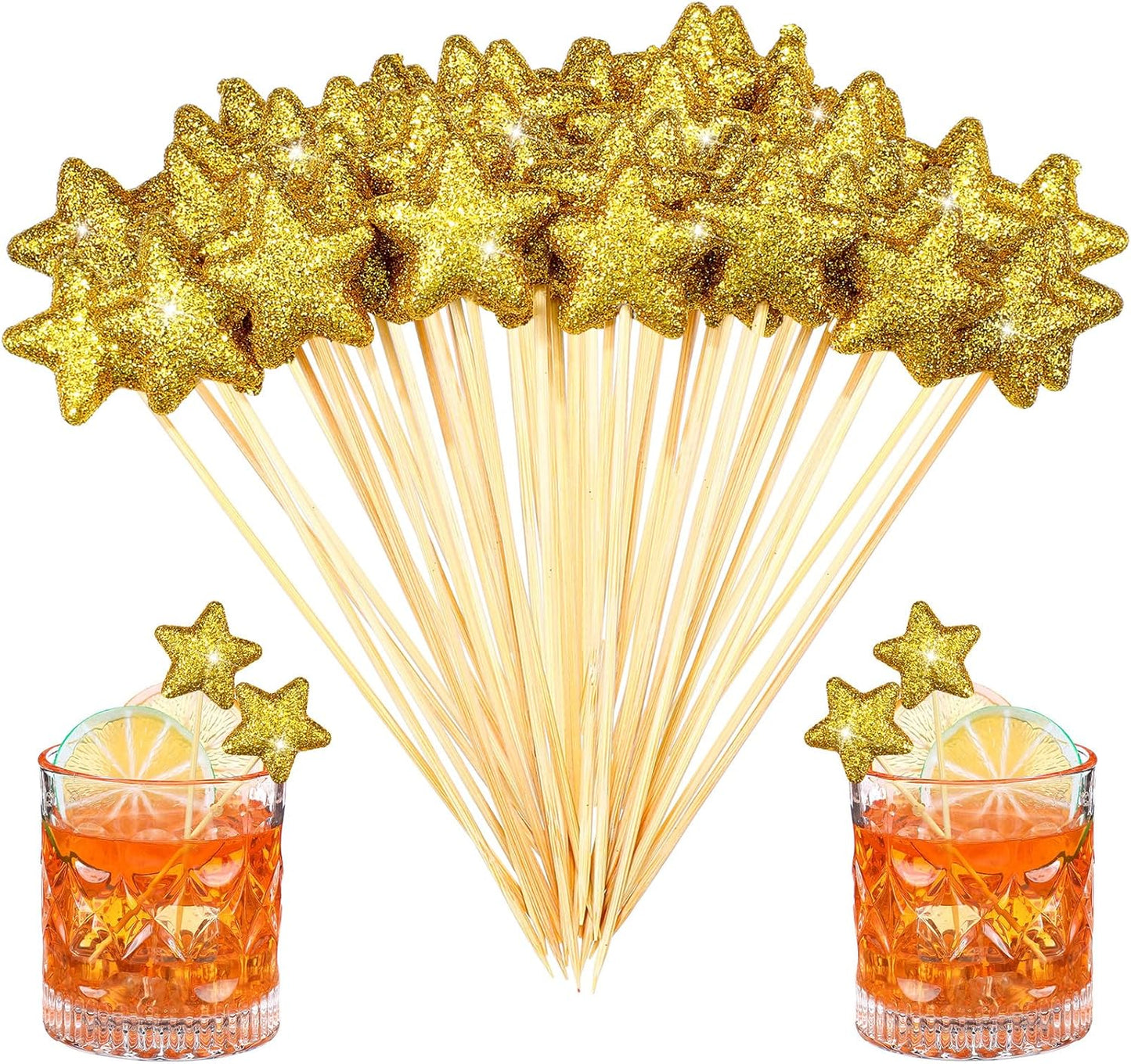 CHENGU 30 Pcs 7.08 Glitter Gold Star Toothpicks - Elegant Party Supplies