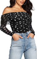 Off The Shoulder Long Sleeve Bodysuit - Sheer Ruched Slimming Fit