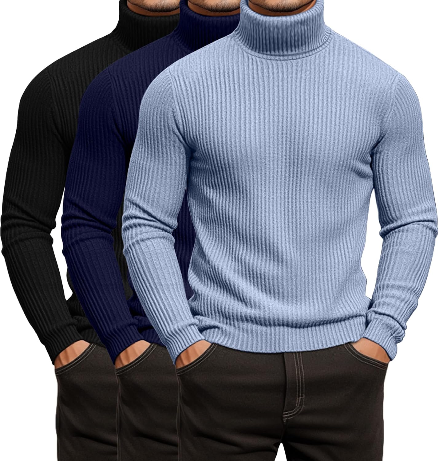 Men's Ribbed Turtleneck Shirts 3 Pack Lightweight Pullover