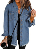 Oversized Denim Button Up Shacket for Women - Relaxed Frayed Hem