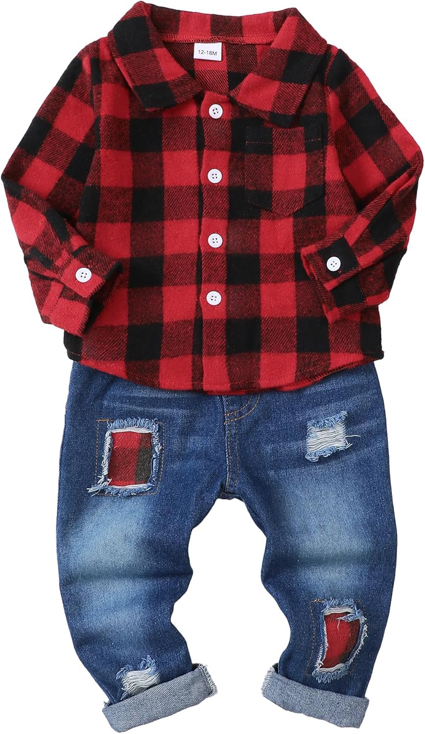 Toddler Baby Boy Clothes Set with Plaid Shirt and Ripped Jeans