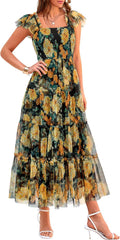 Women's Tulle Midi Sundress Smocked Ruffle Midi Dress - Flowy Fit