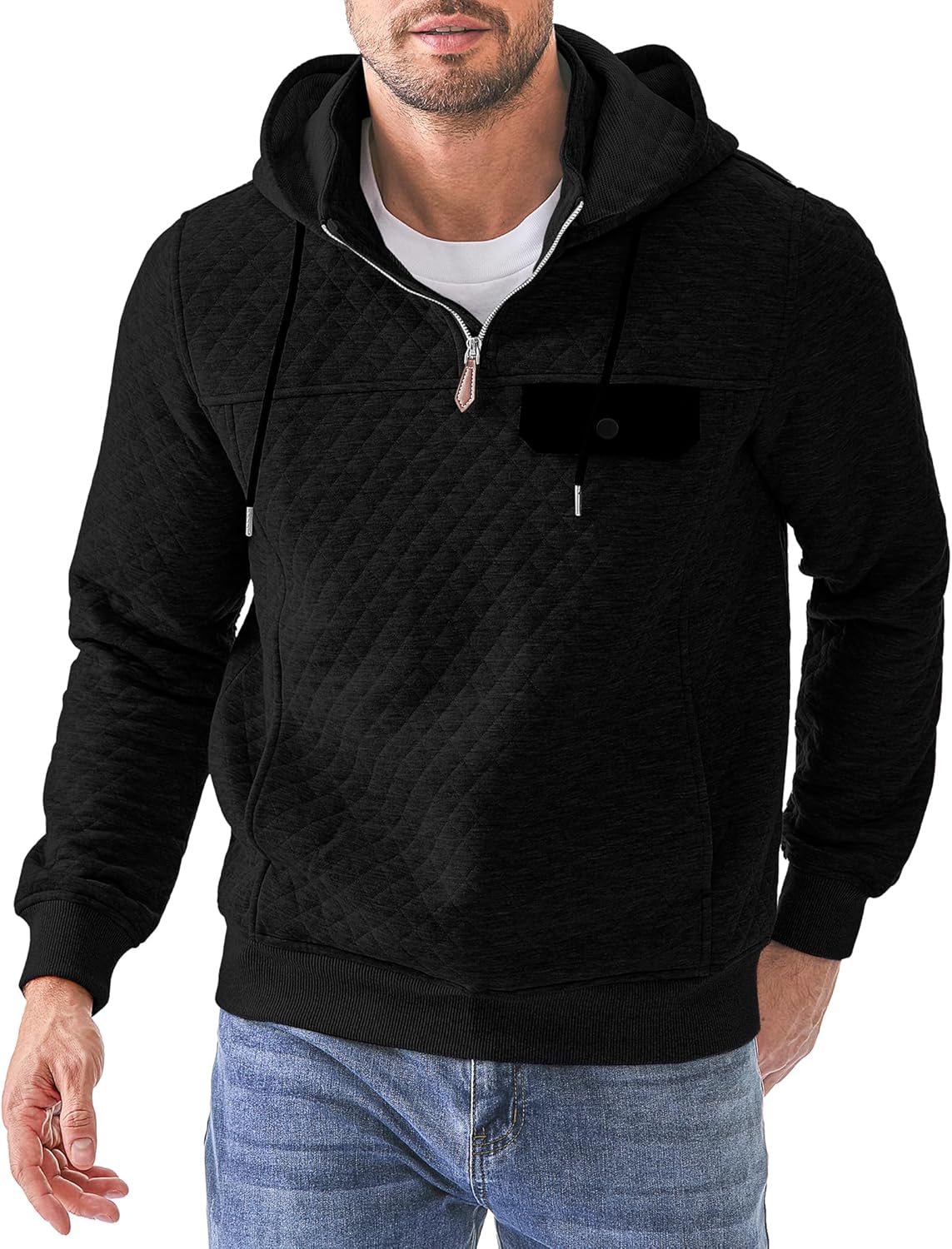 Men's Quilted Hoodies Casual Long Sleeve Pullover Sweatshirt
