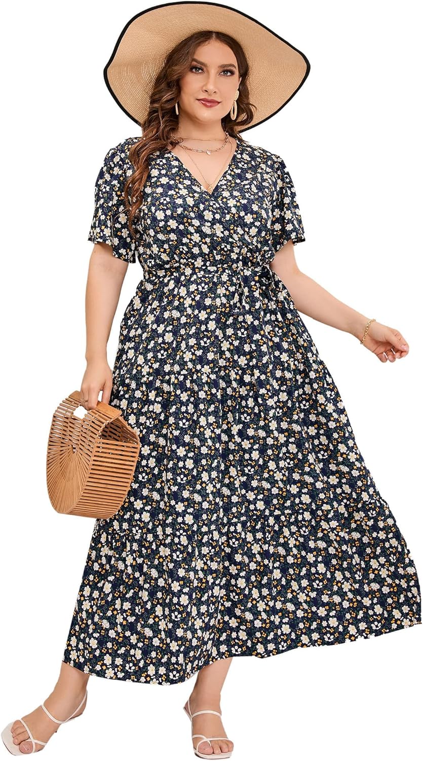 Plus Size V Neck Wrap Maxi Dress for Women - Summer Style