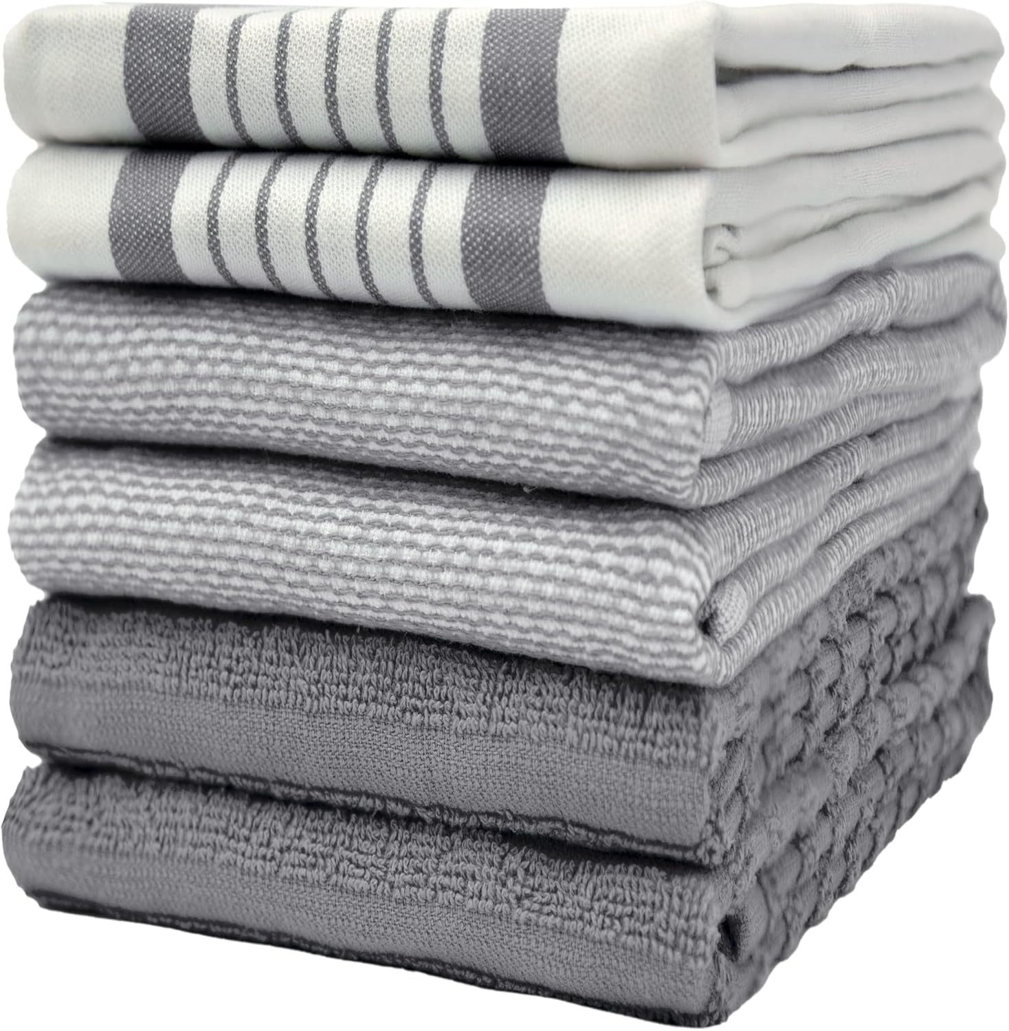 Absorbent Cotton Kitchen Towels 20x28 in 6 Pack - Grey Striped