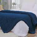 Navy Blue Chunky Knit Throw Blanket 51x63 in - Hand Knitted Chenille