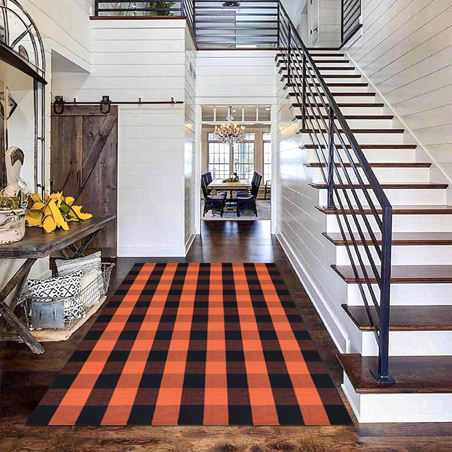 Fall Orange and Black Plaid Rugs for Indoor Outdoor Use