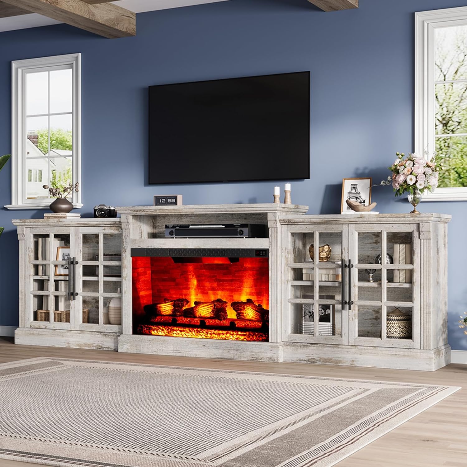 Farmhouse TV Stand with Fireplace - Media Center, Max Storage, Light Grey