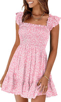 Womens Summer Square Neck Smocked Short Sundress - Flowy