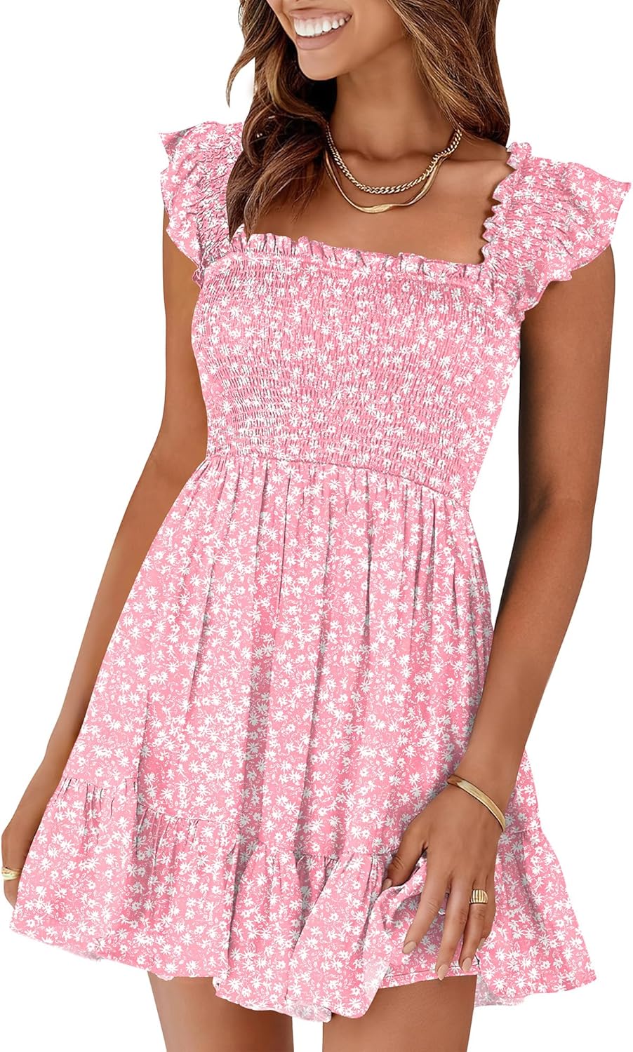 Prinbara Womens Summer Casual Square Neck Smocked Sundress