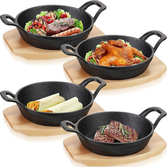 Sliner Mini Cast Iron Skillet Set with Wooden Base for Cooking
