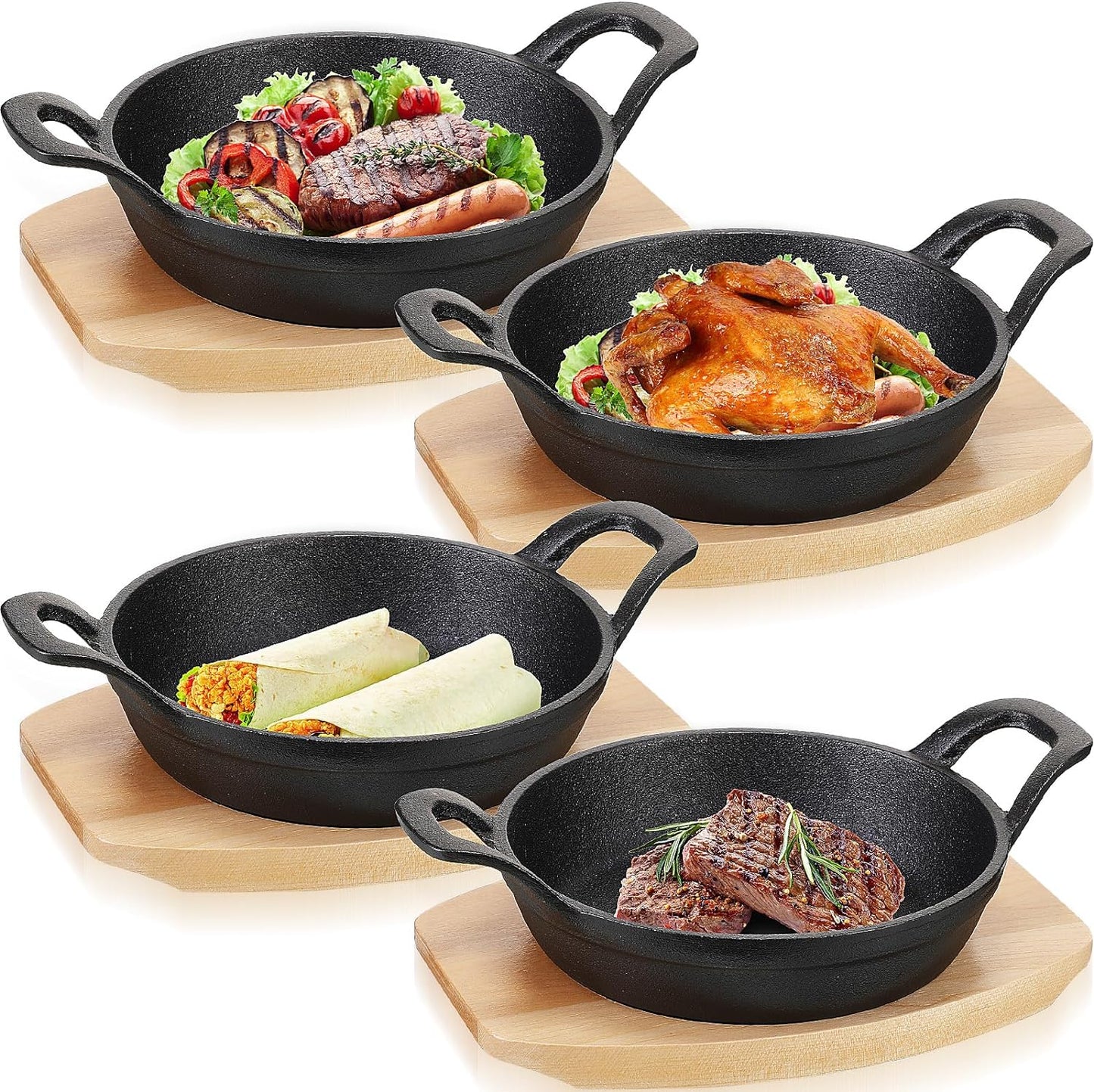 Mini Cast Iron Skillet Set with Wooden Base for Rustic Cooking