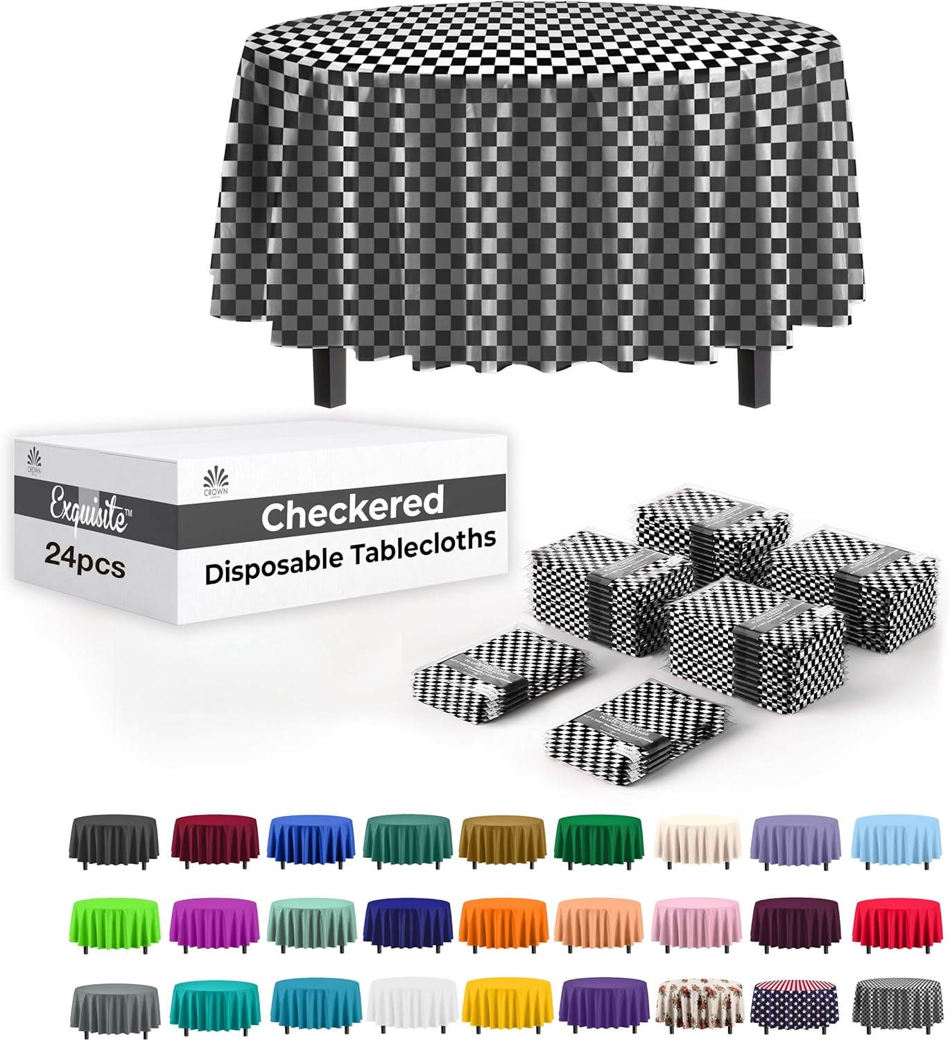 Party Solids Checkered Round Plastic Tablecloths for Events