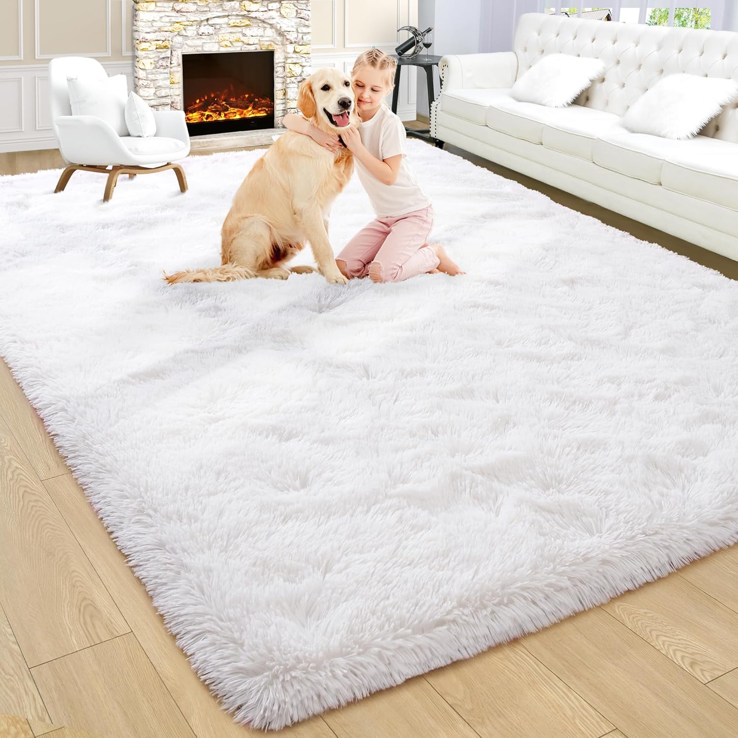 Large Fluffy Cream White 8x10 Area Rug for Living Room Decor