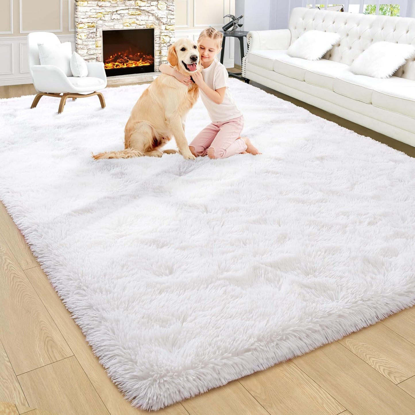 Large Fluffy Cream White 5x7 Area Rugs for Living Room Bedroom