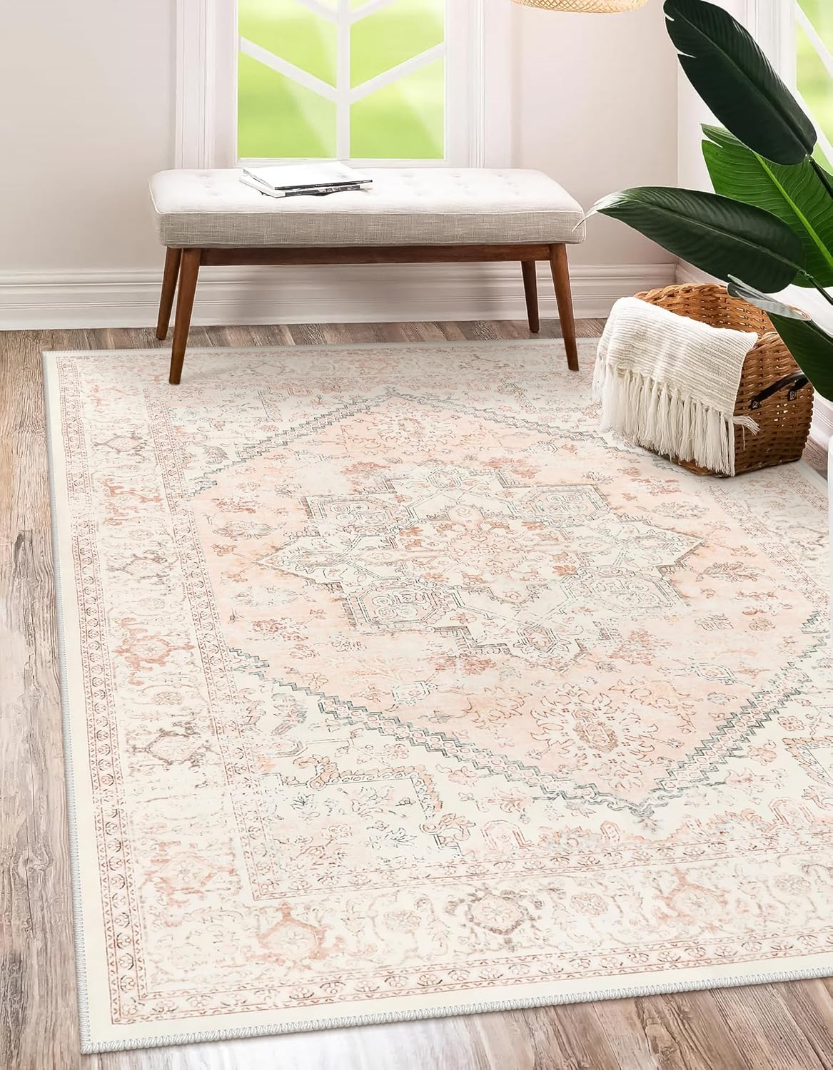 LIVEBOX Pink Area Rug 5x7 - Soft Non-Slip Vintage Washable Rug