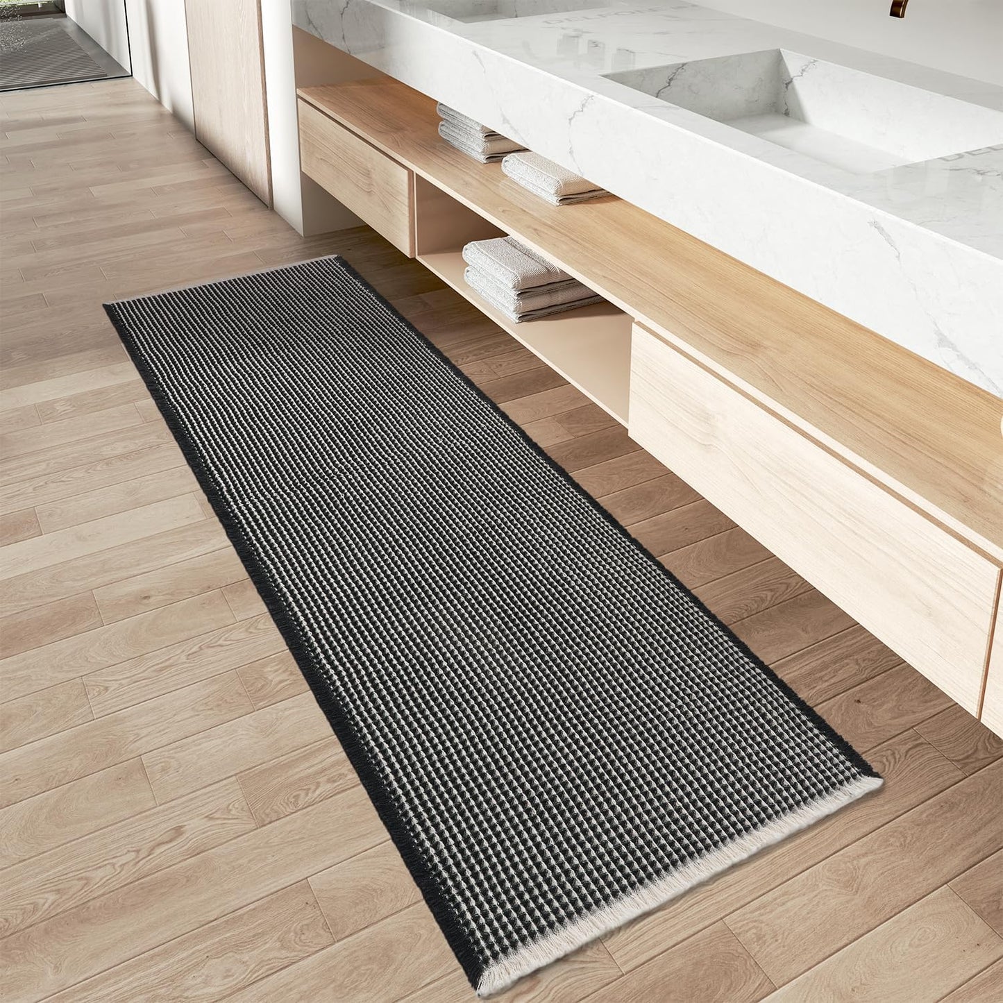 Upgraded Waffle Runner Rug for Bathroom, 17in x 72in, Black & Cream