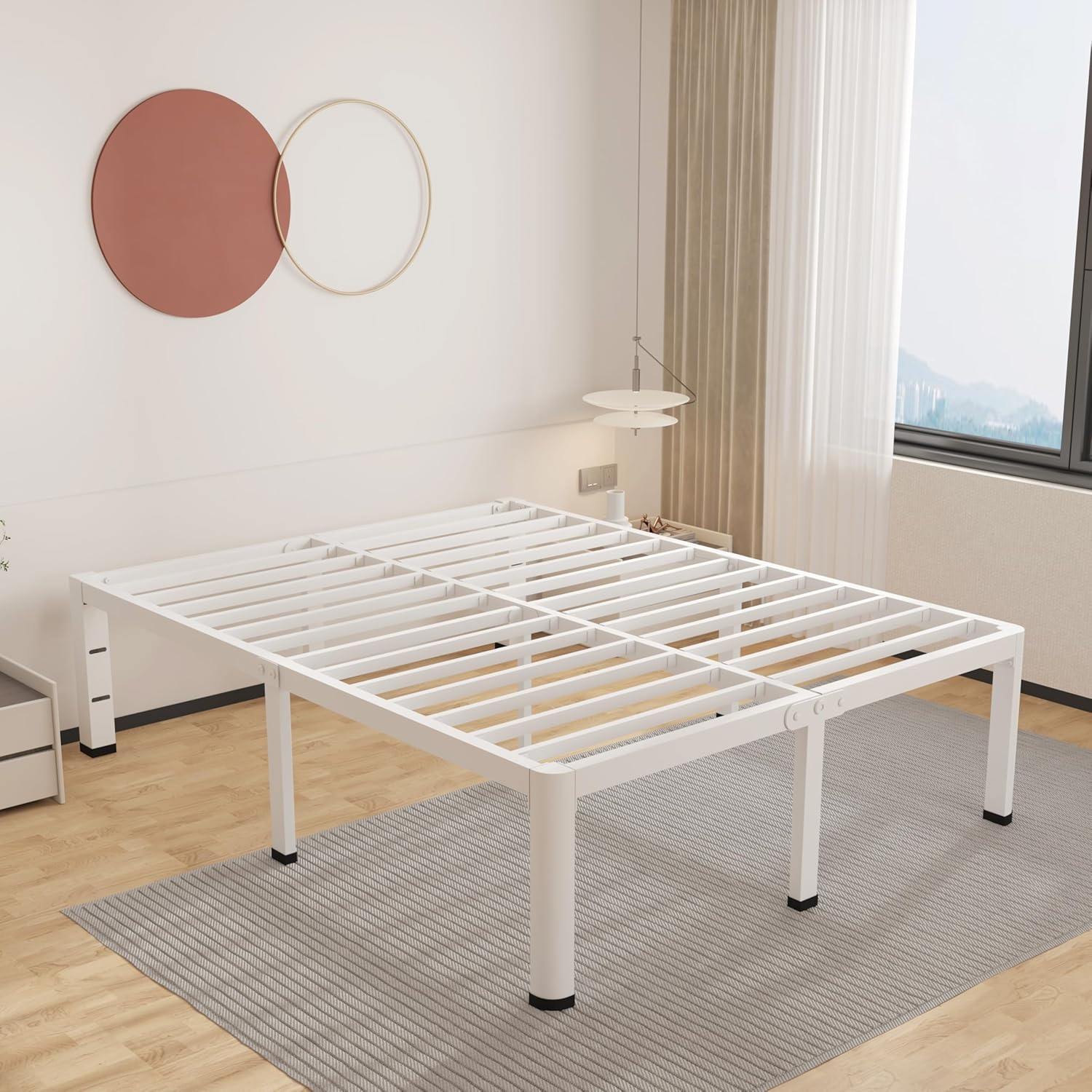 ROIL 18 Inch White Queen Bed Frame with Rounded Corner Design