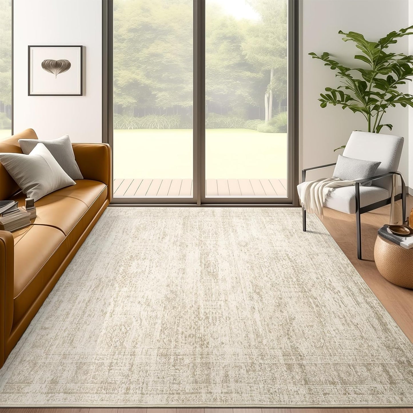 5x7 Area Rugs Beige Low Pile Indoor Washable Trendy Design