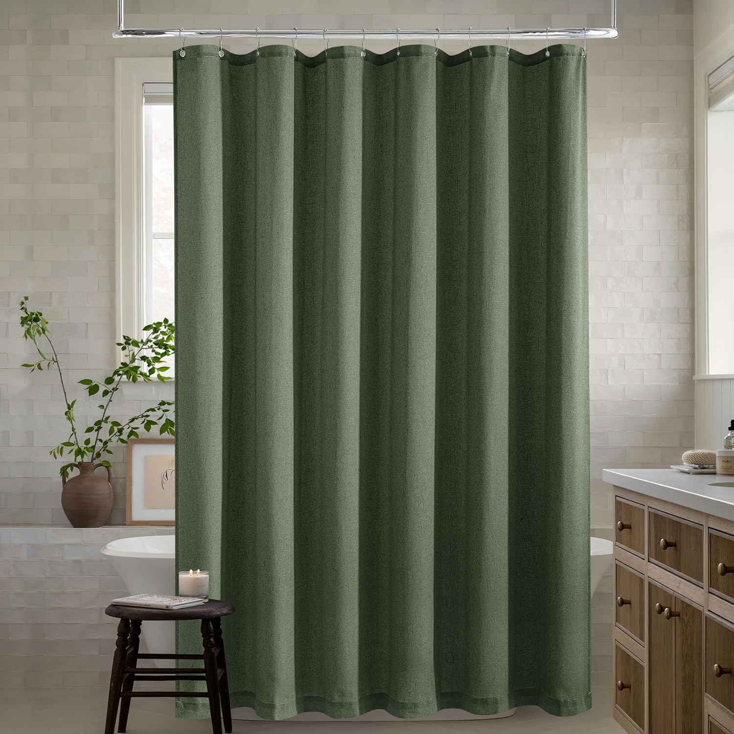 Olive Green 96 Inch Shower Curtain for Boho Farmhouse Decor