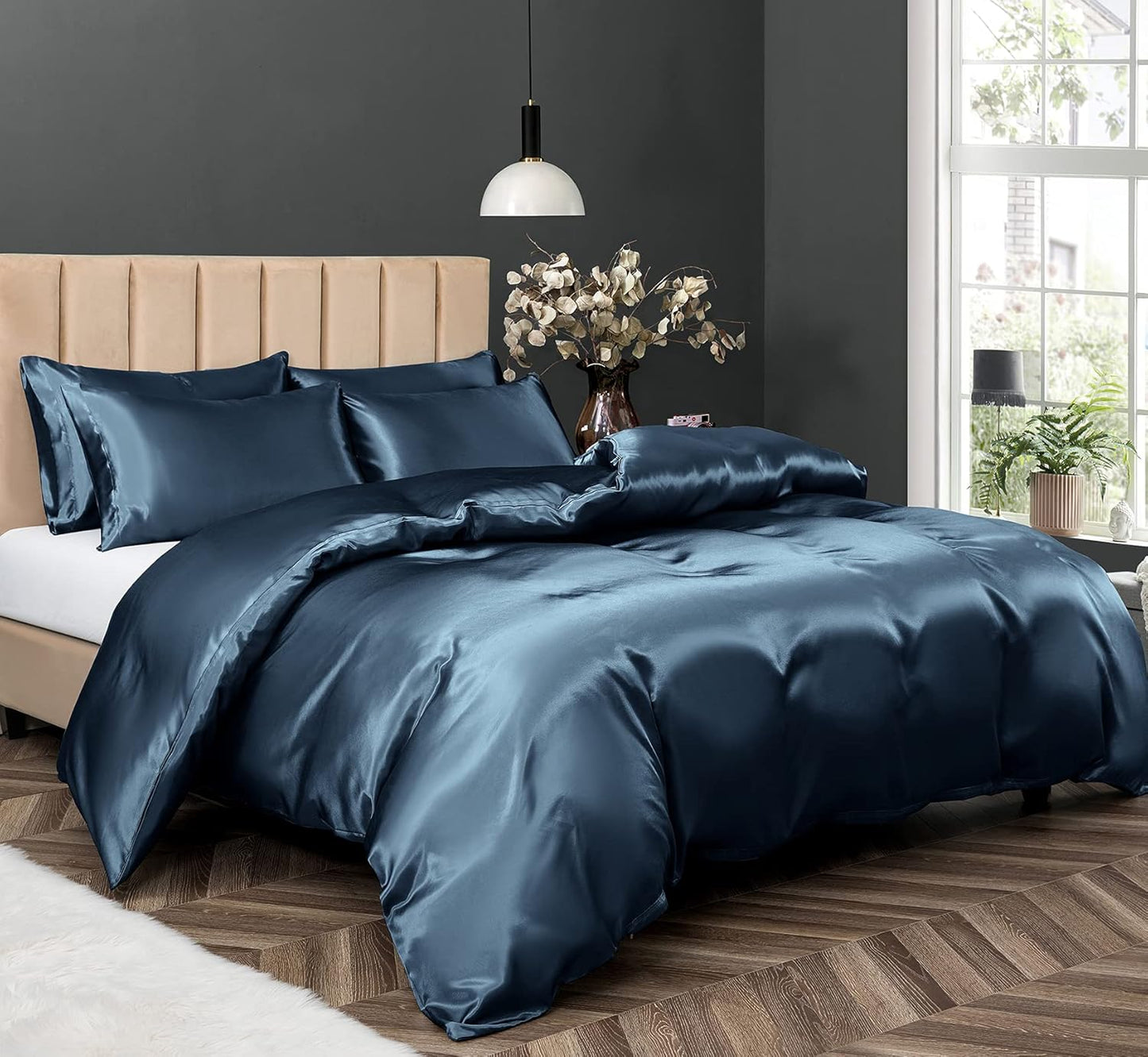 Luxury Satin Duvet Cover Set in Navy Blue for Full/Queen Beds