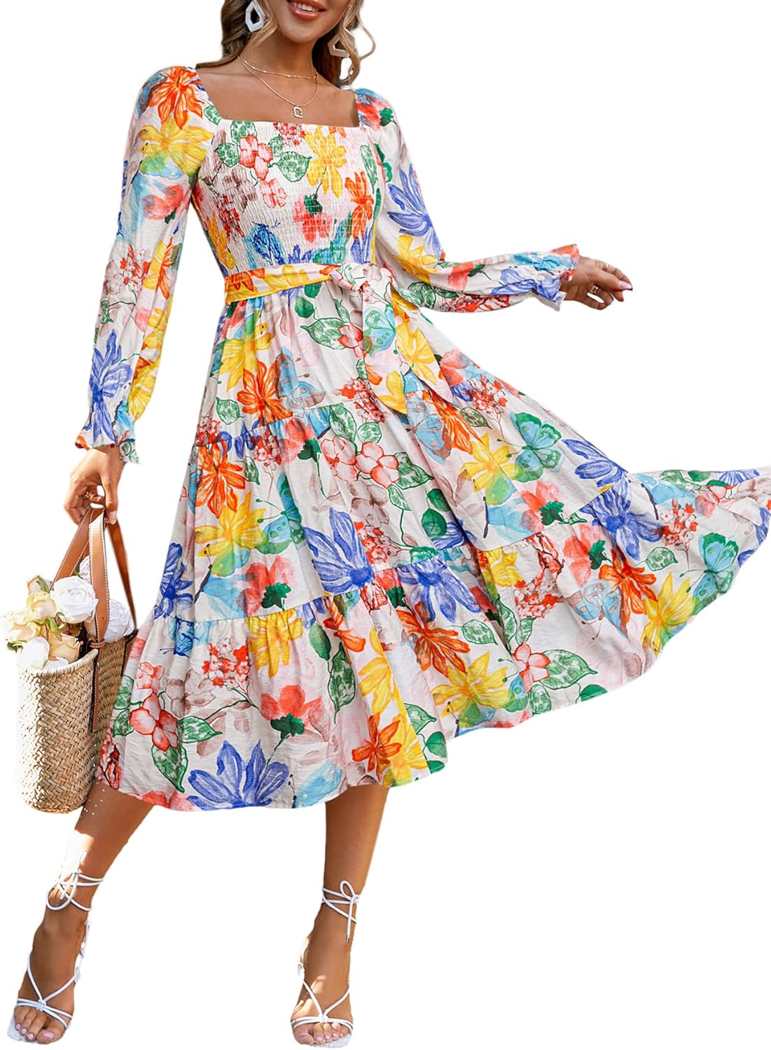 Amegoya Women's Boho Flowy Long Sleeve Midi Dress for Weddings