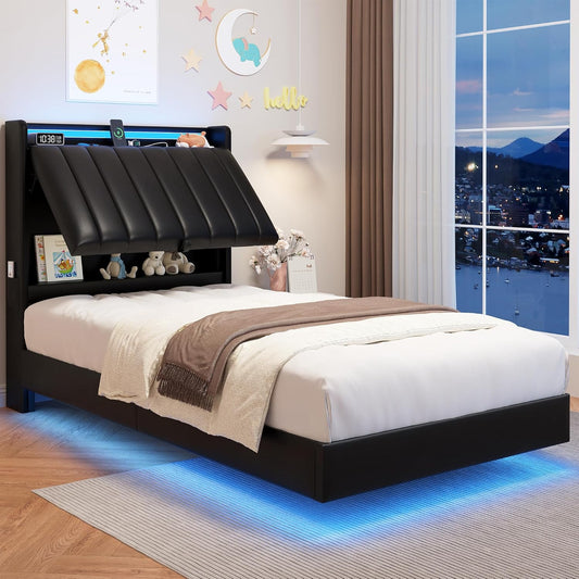 Twin Size Floating Bed Frame with Ergonomic Storage Headboard