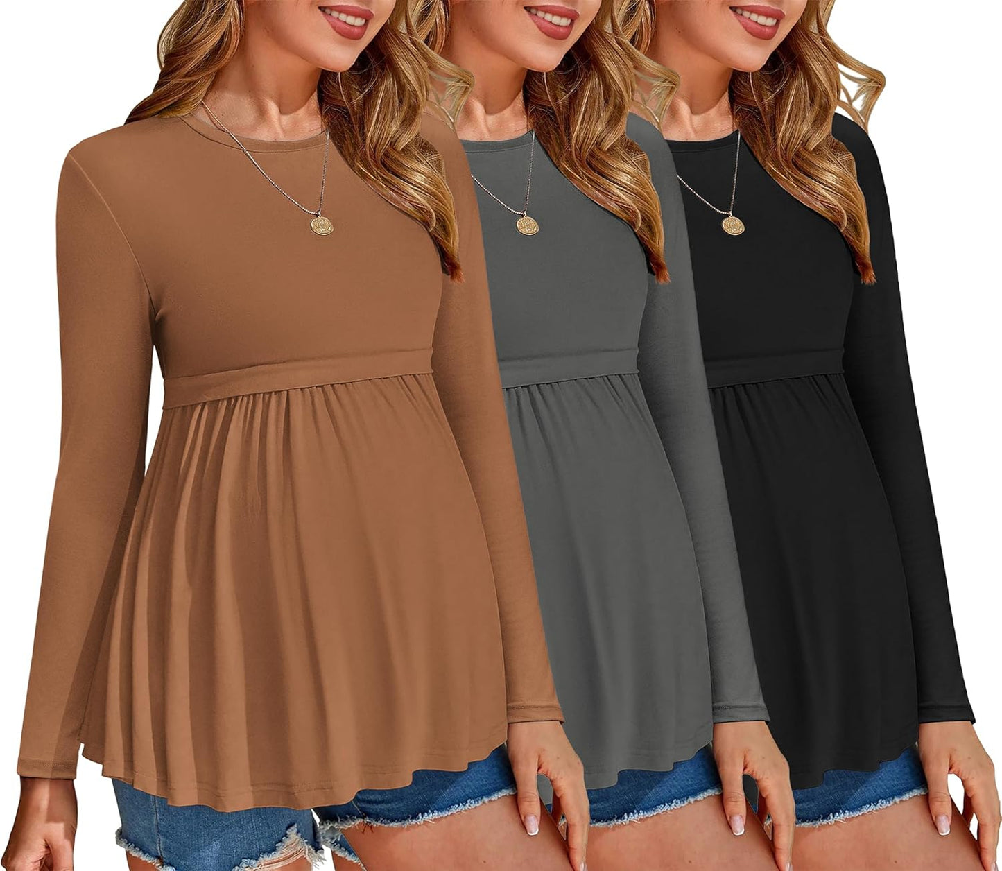 Ekouaer Maternity Shirts 3 Packs for Stylish Pregnancy Wear